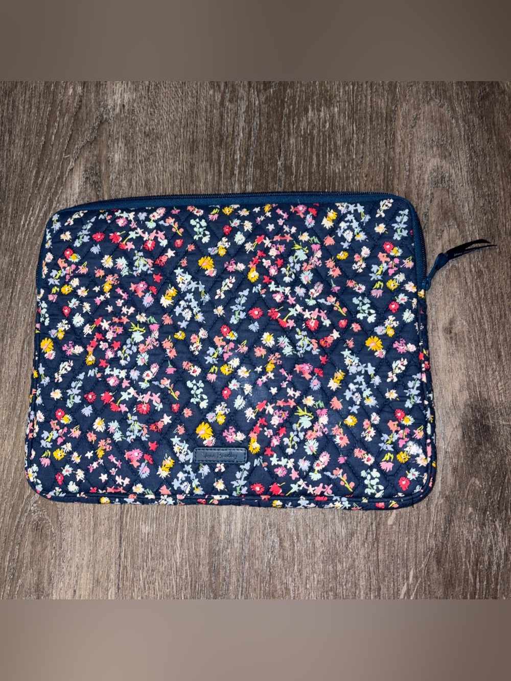 Vera Bradley Navy Quilted Floral Laptop Sleeve with Multicolor Blossoms